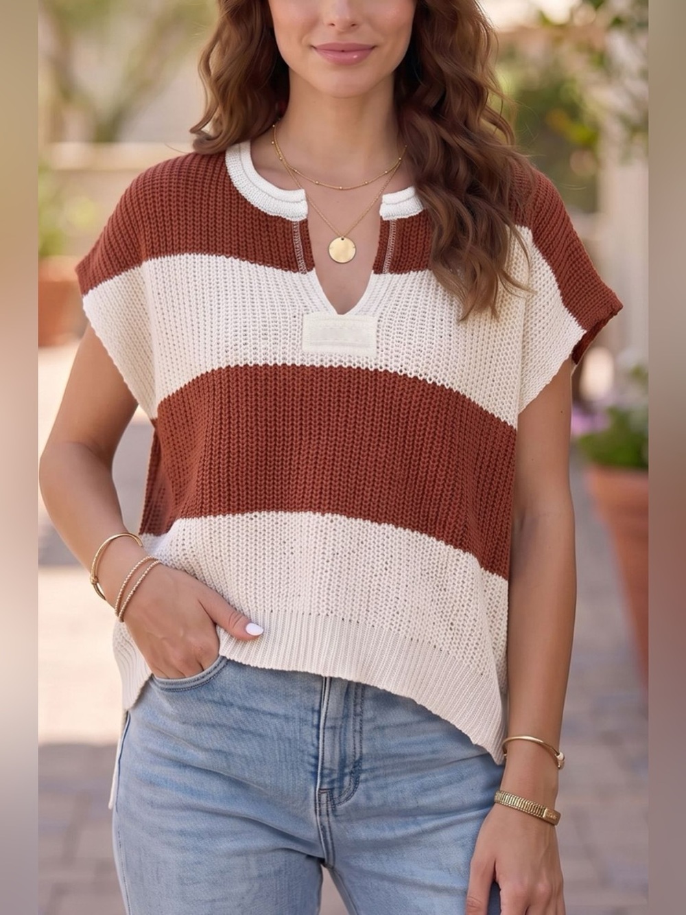 Striped Colorblock Knit Short Sleeve Loose Sweater